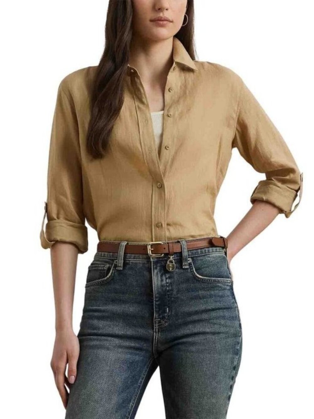Lauren Ralph Lauren Button Up Shirt Womens XS Tan Linen Roll Tab Karrie $125